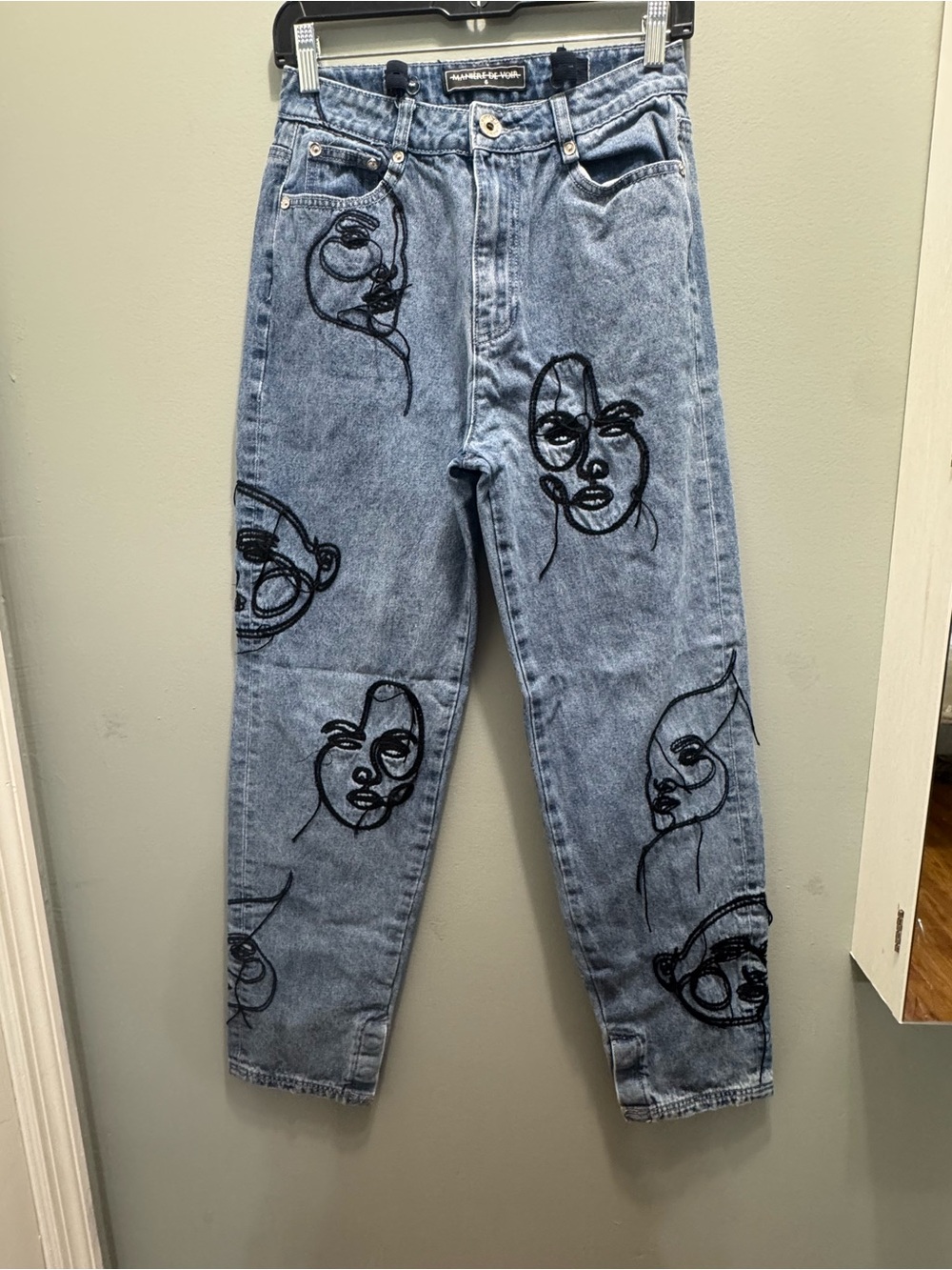 Maniere De Voir Light Blue Boyfriend Jeans with Black Face Embroidery